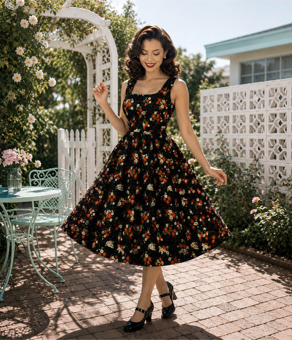 Black Strawberry & Polka Dot Print Ophelia Swing Dress
