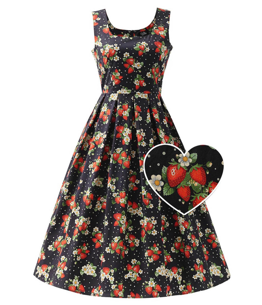 Black Strawberry & Polka Dot Print Ophelia Swing Dress