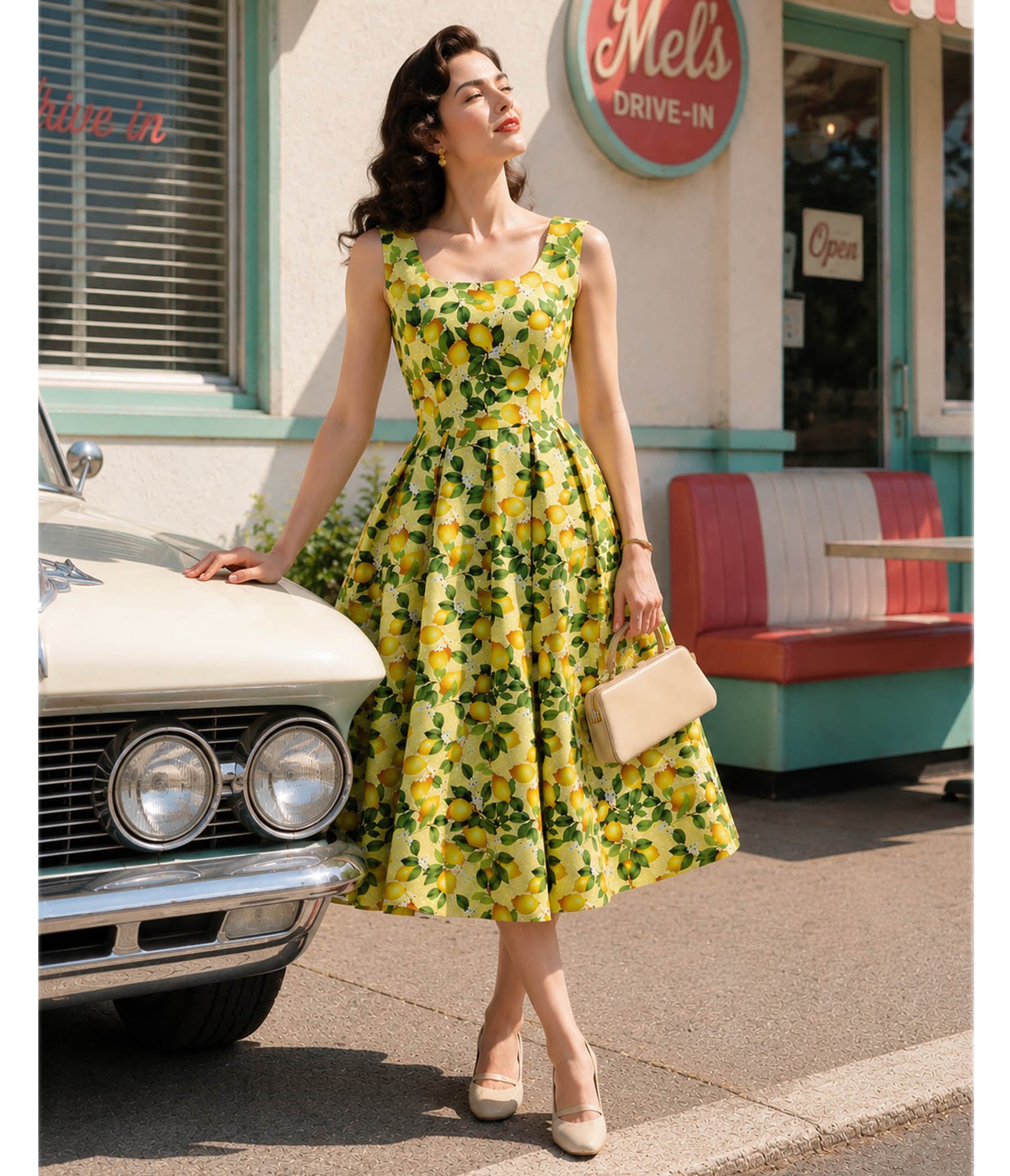 Dolly & Dotty Yellow Polka Dot Lemon Print Flare Dress