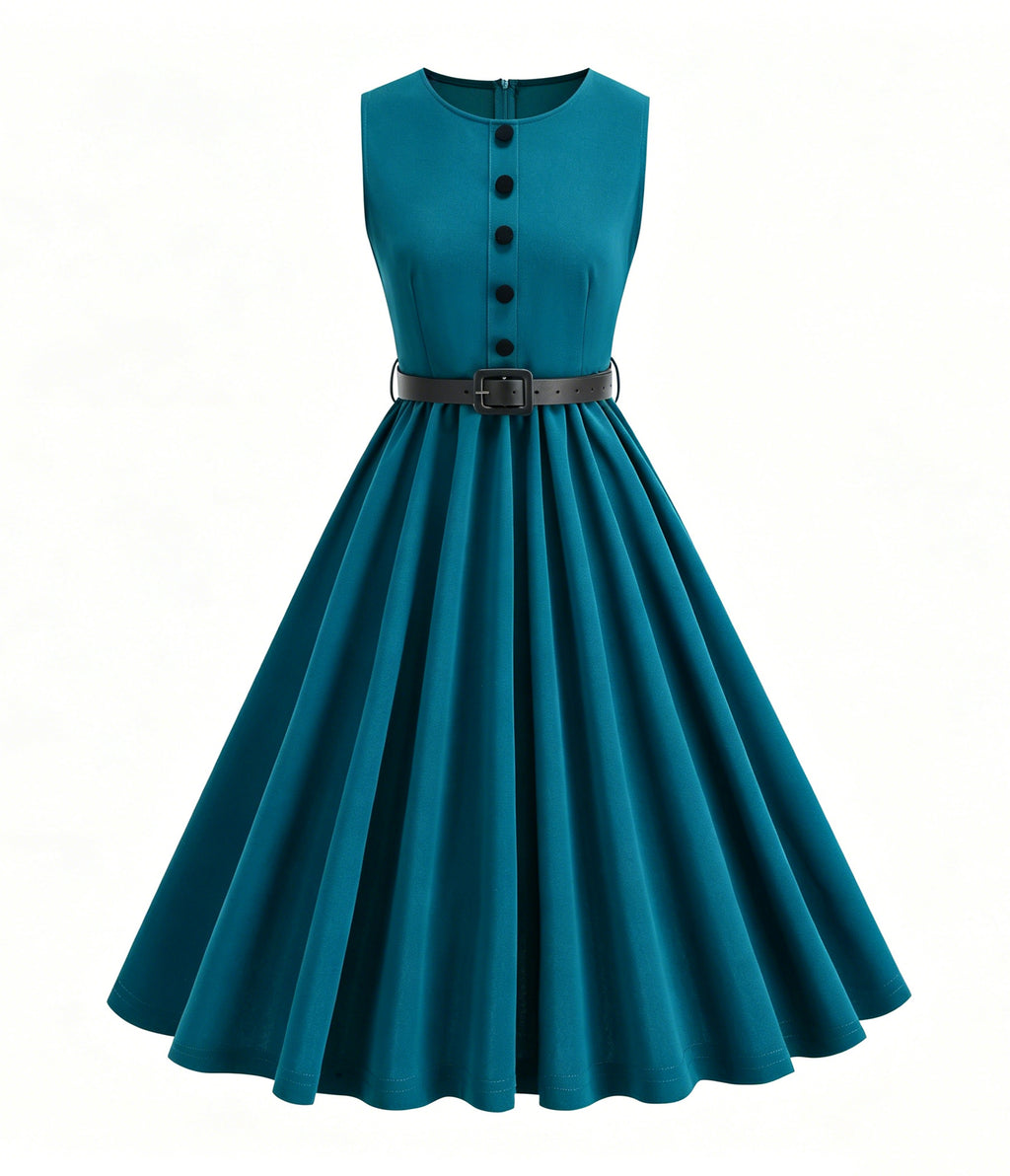 Teal Sleeveless Belted Swing Dress