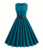 Teal Sleeveless Belted Swing Dress