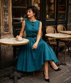 Teal Sleeveless Belted Swing Dress