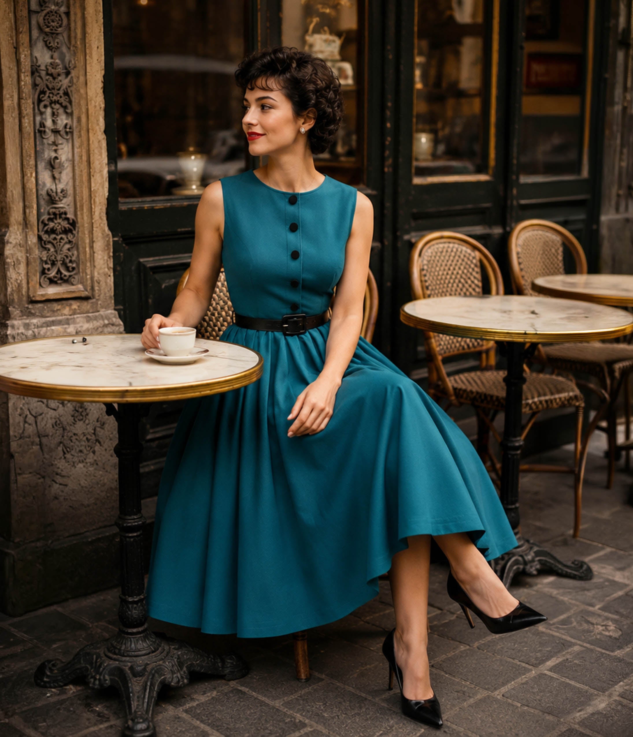Teal Sleeveless Belted Swing Dress