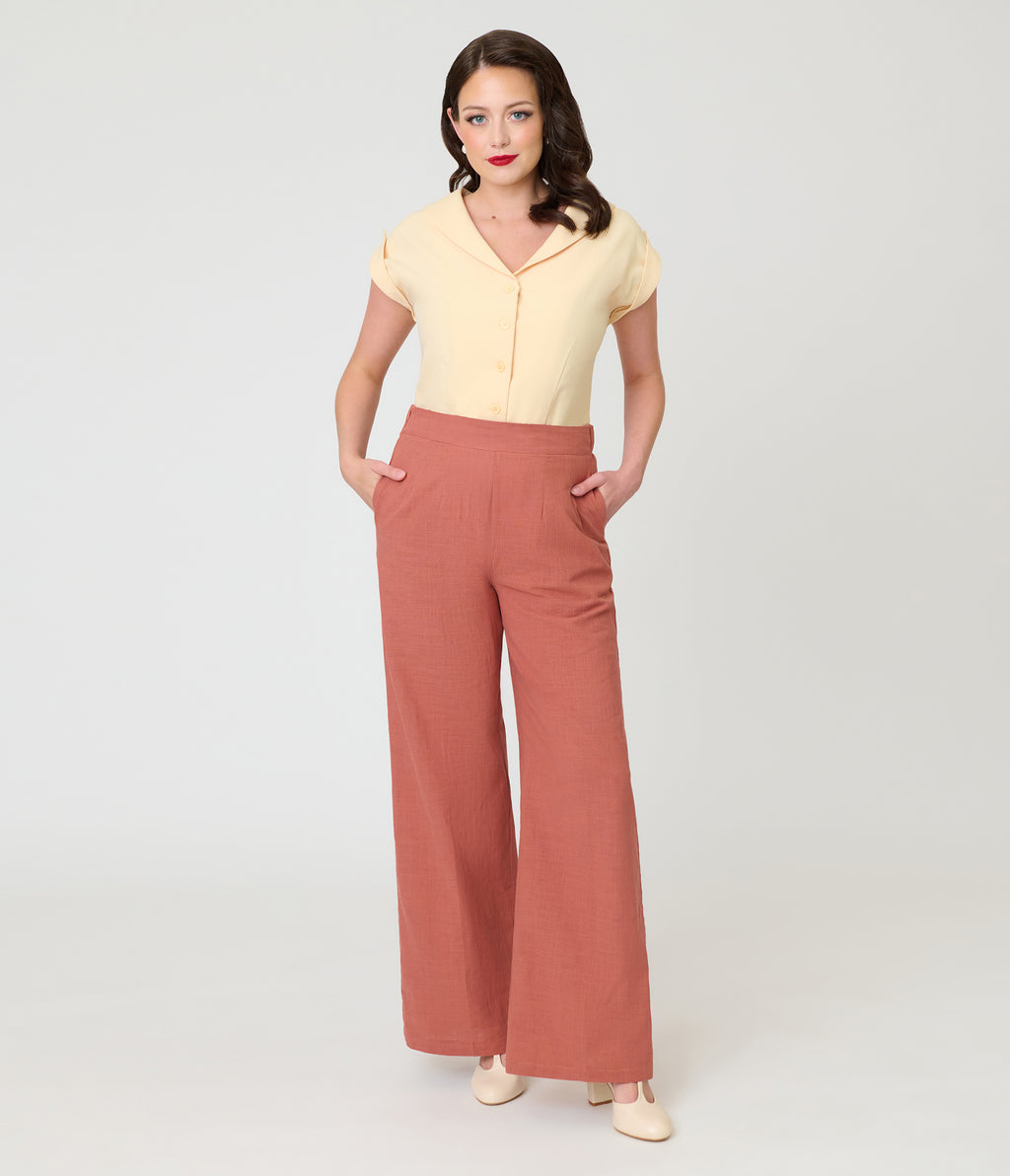 Rust 1950s High-Waisted Wide Leg Trousers