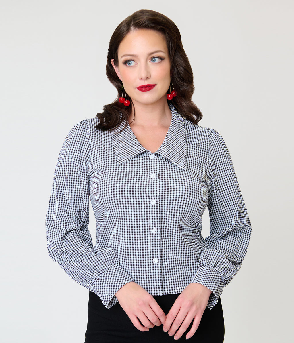 Black & White Gingham 1940s Collared Blouse