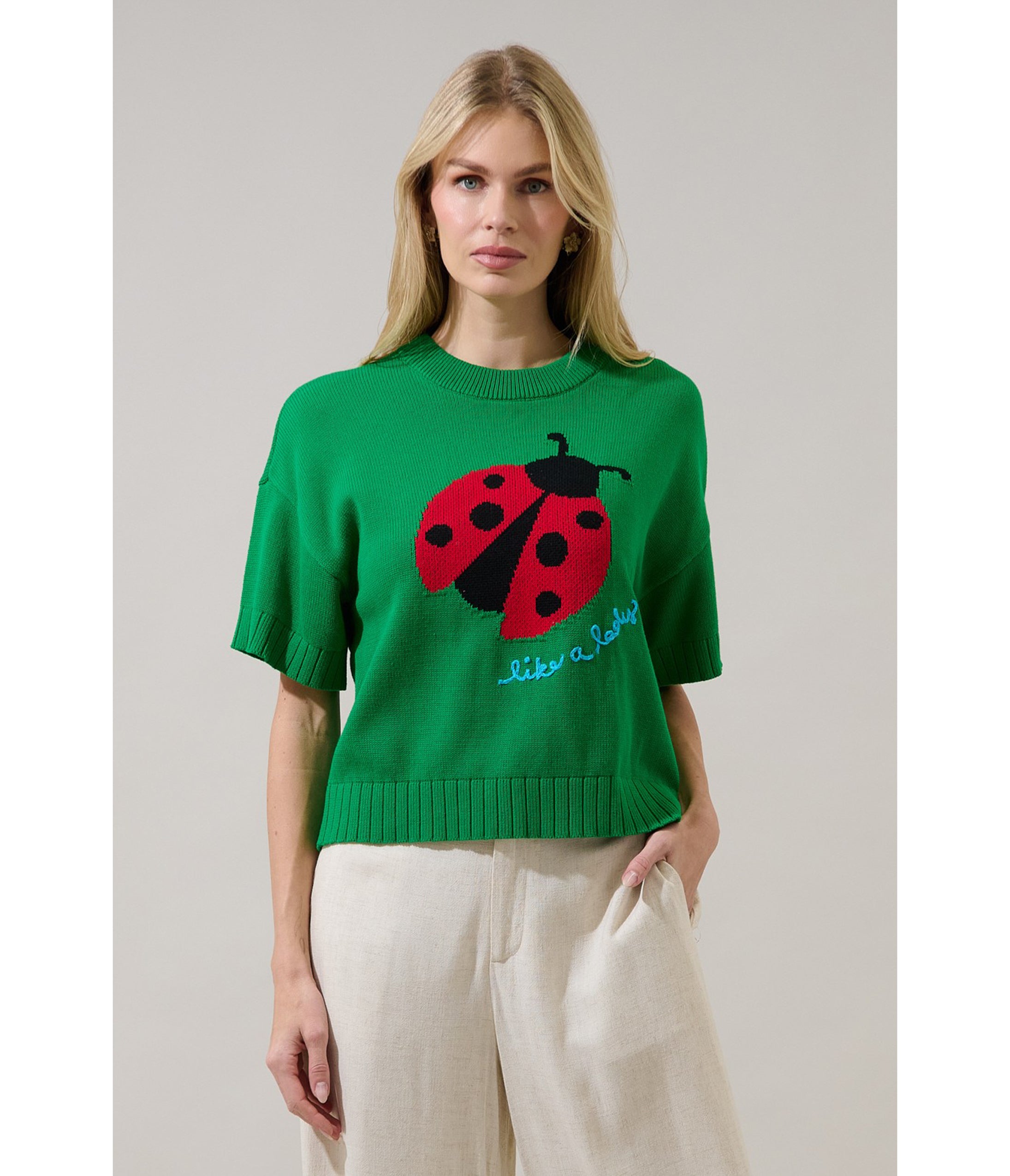 Green Ladybug Drop Shoulder Sweater