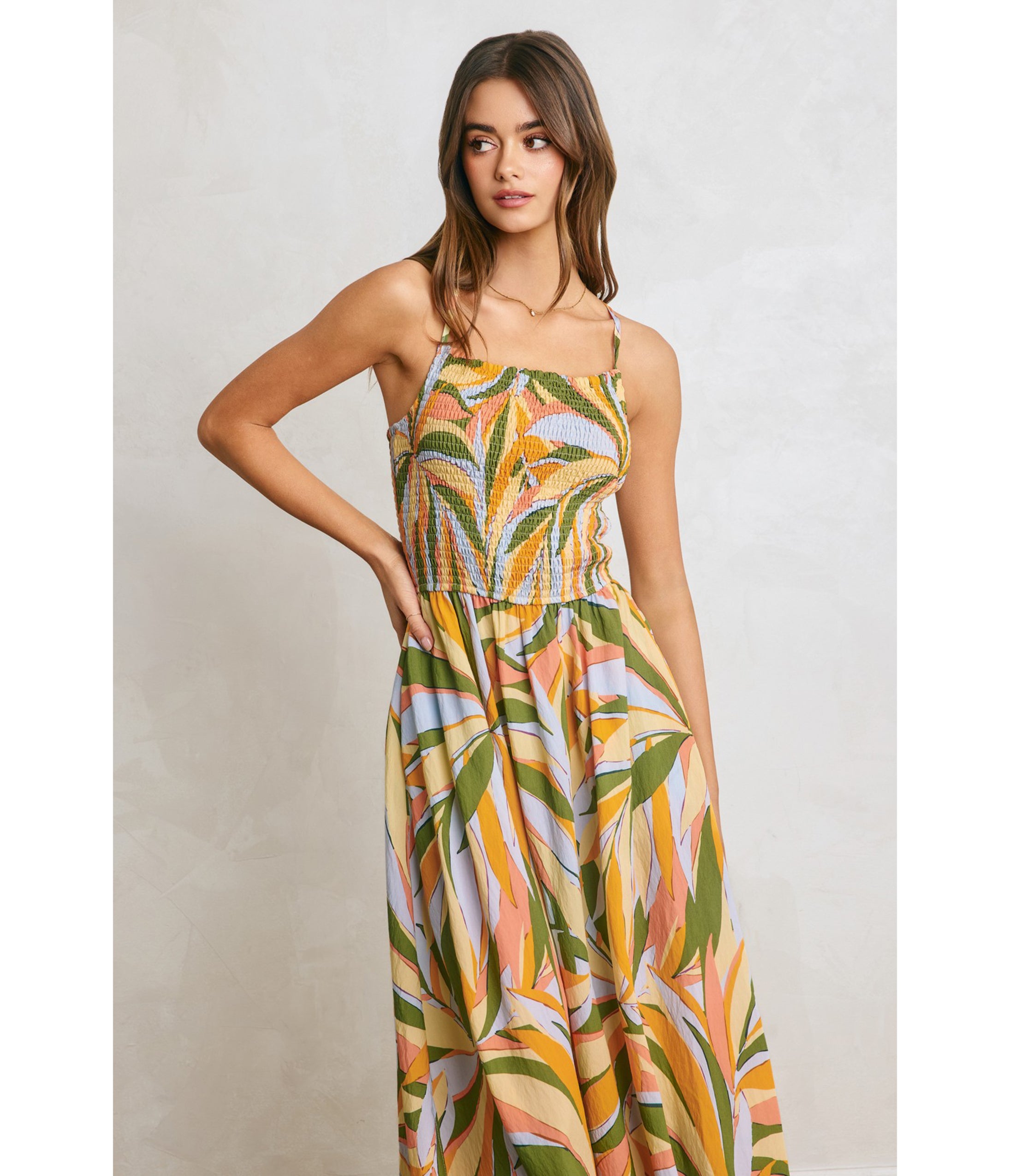 Tropical Palm Smocked Maxi Dress