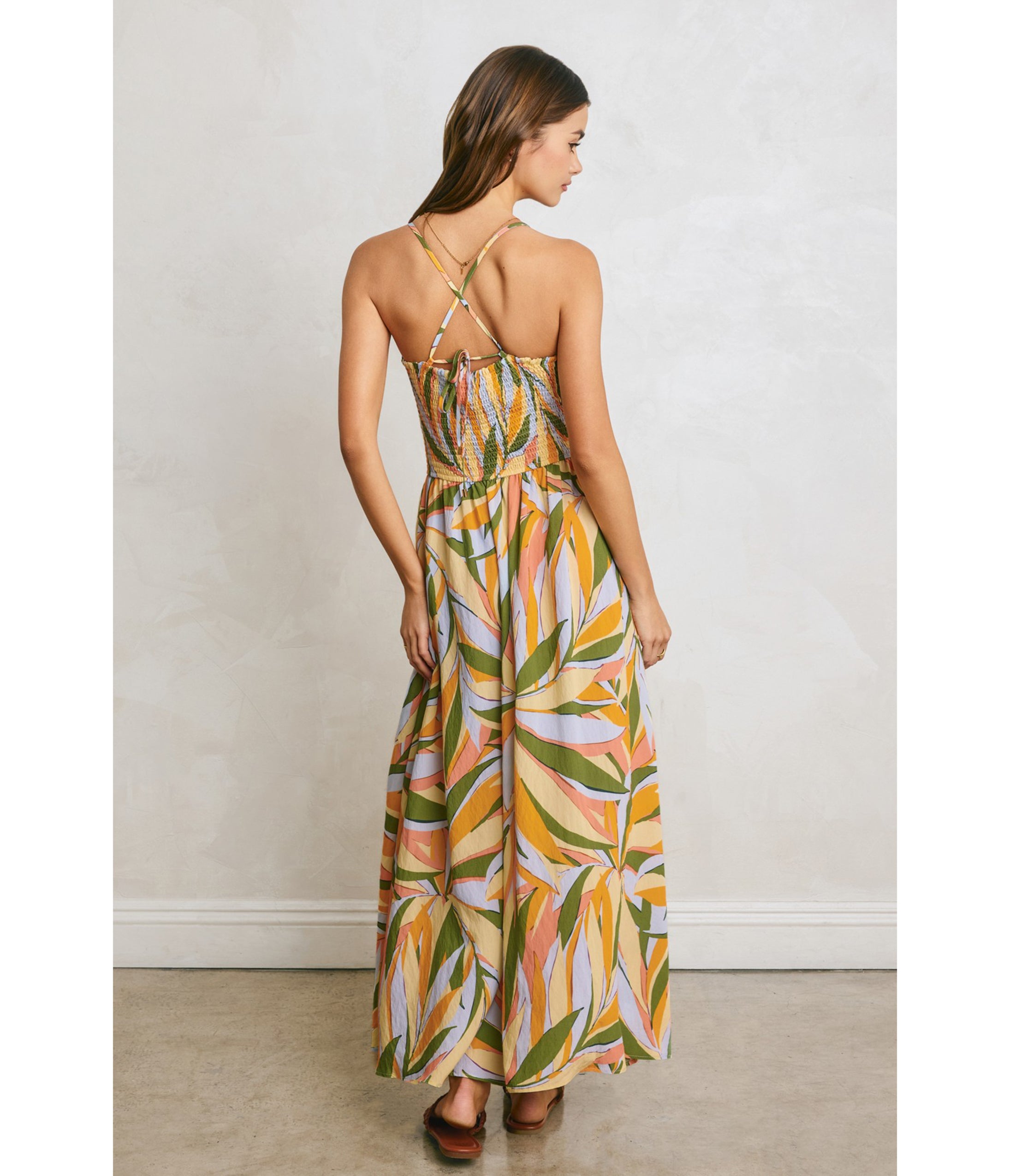 Tropical Palm Smocked Maxi Dress