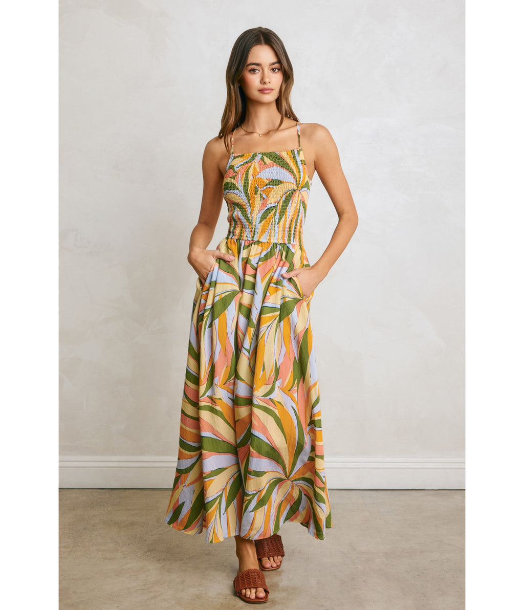Tropical Palm Smocked Maxi Dress