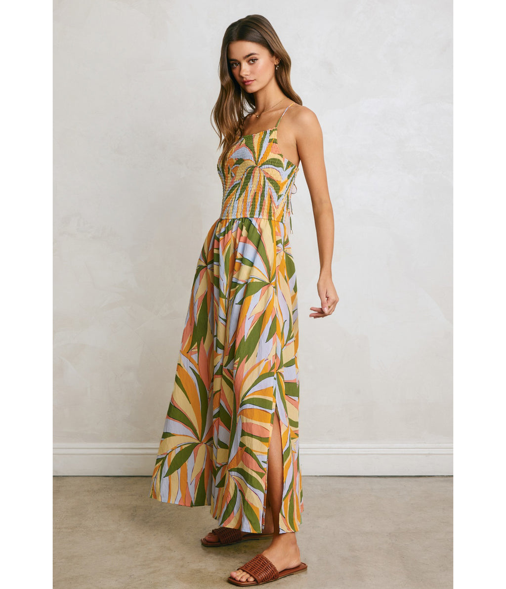 Tropical Palm Smocked Maxi Dress