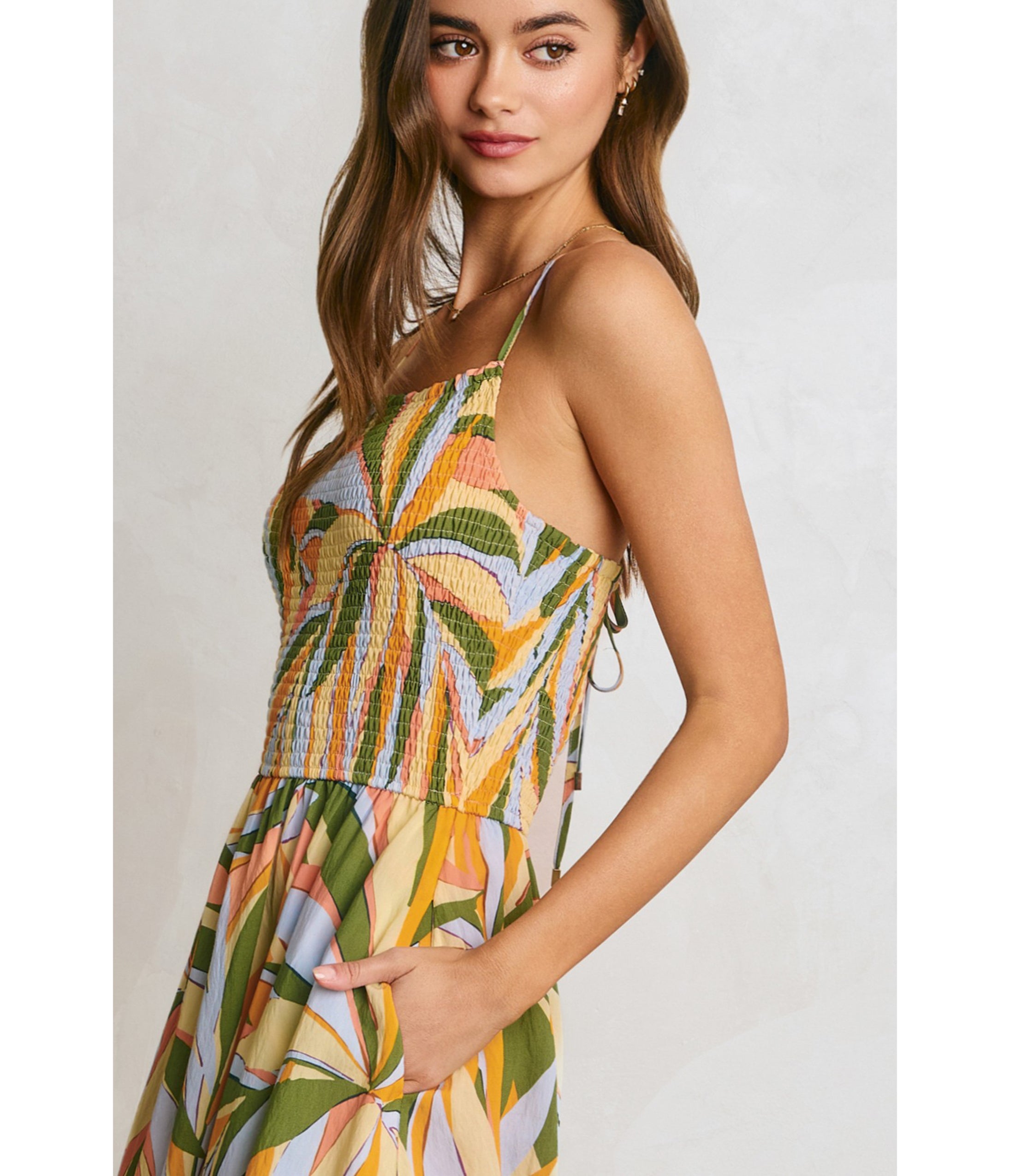 Tropical Palm Smocked Maxi Dress