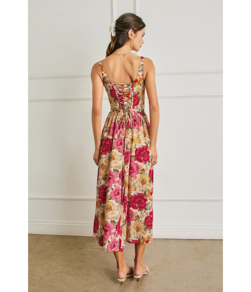 Pink Floral Tie Strap Midi Dress