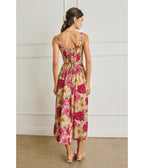 Pink Floral Tie Strap Midi Dress