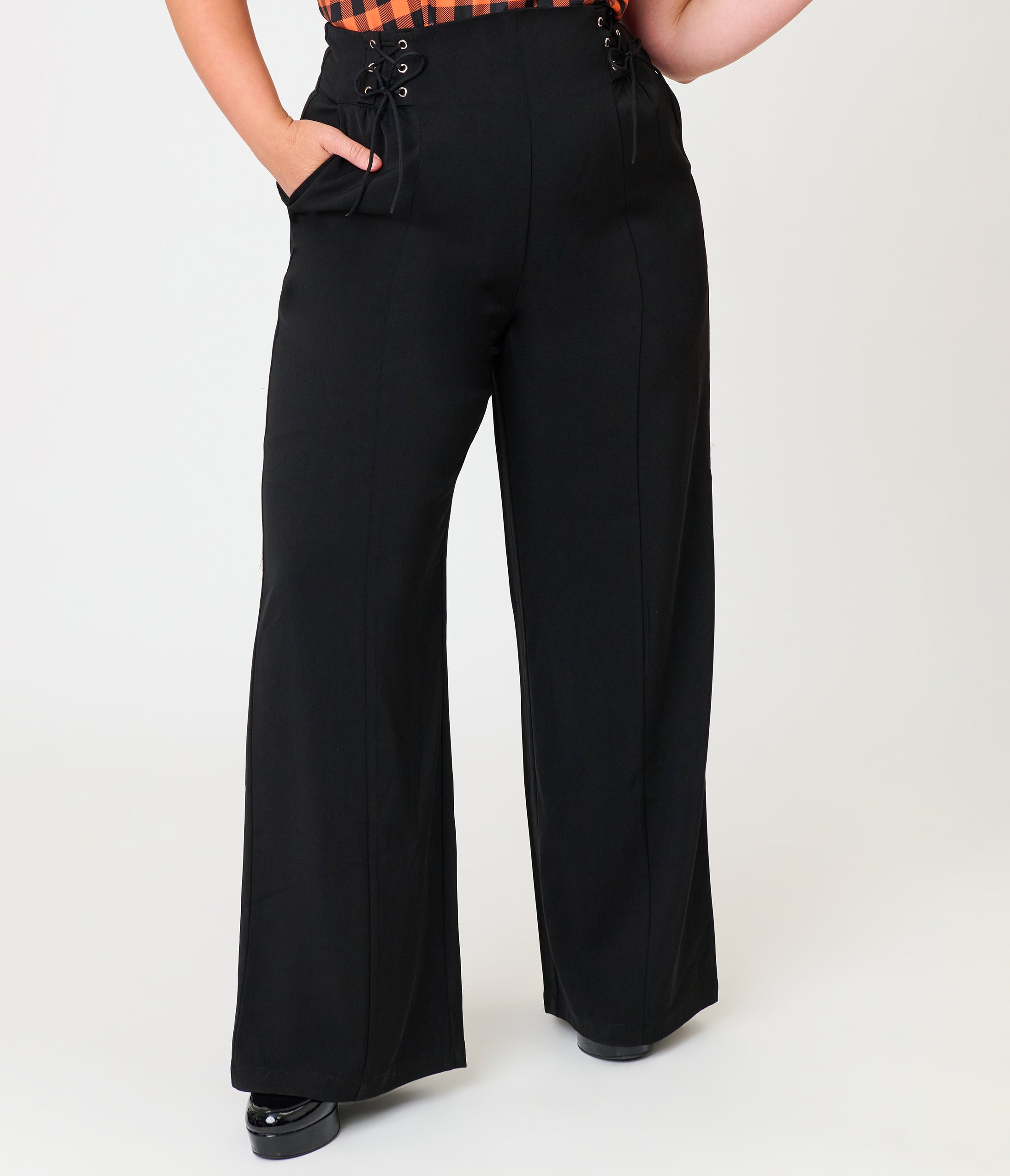 Unique Vintage Plus Size Black Lace Up High Waist Trousers