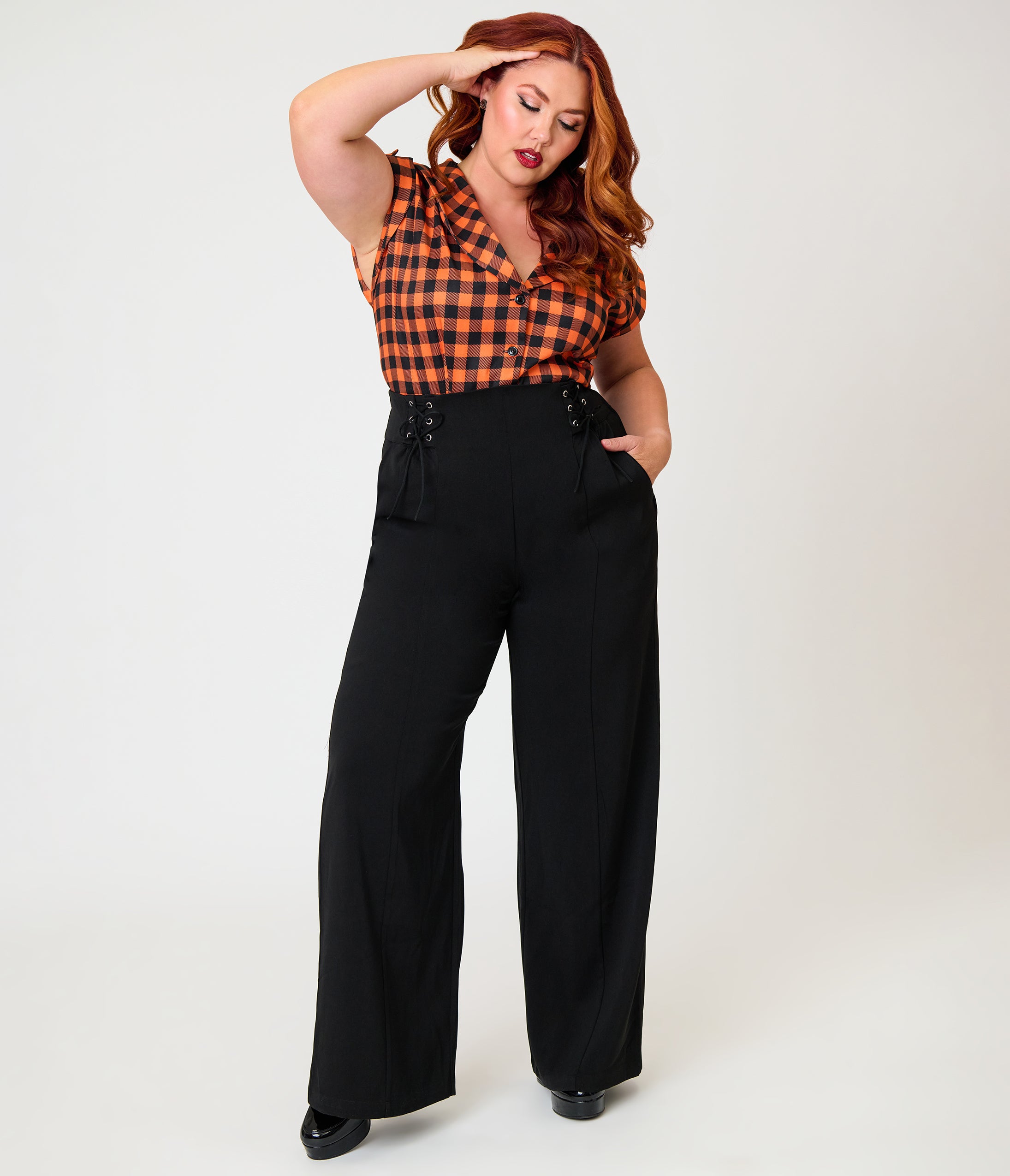 Unique Vintage Plus Size Black Lace Up High Waist Trousers