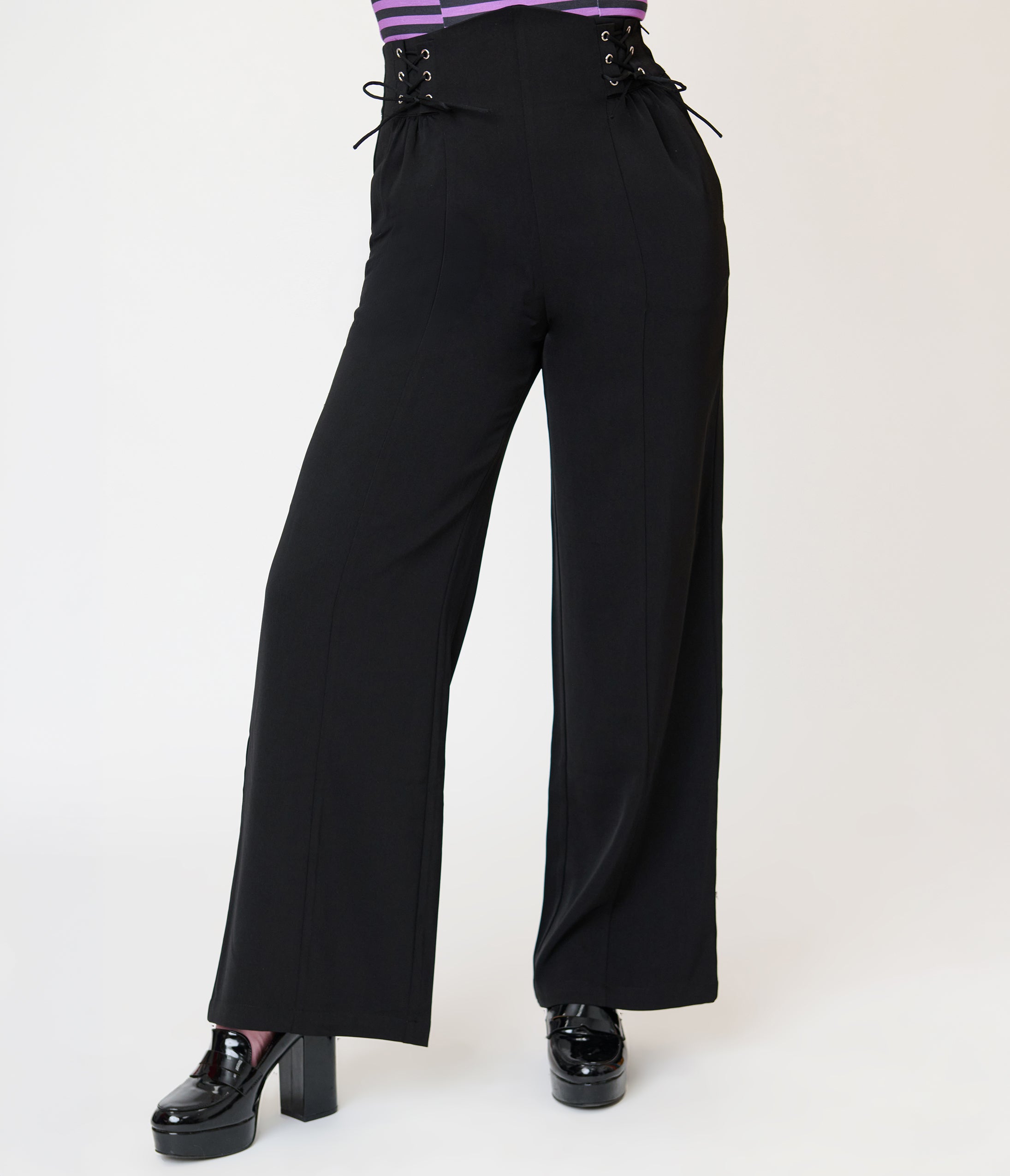Unique Vintage Black Lace Up High Waist Trousers