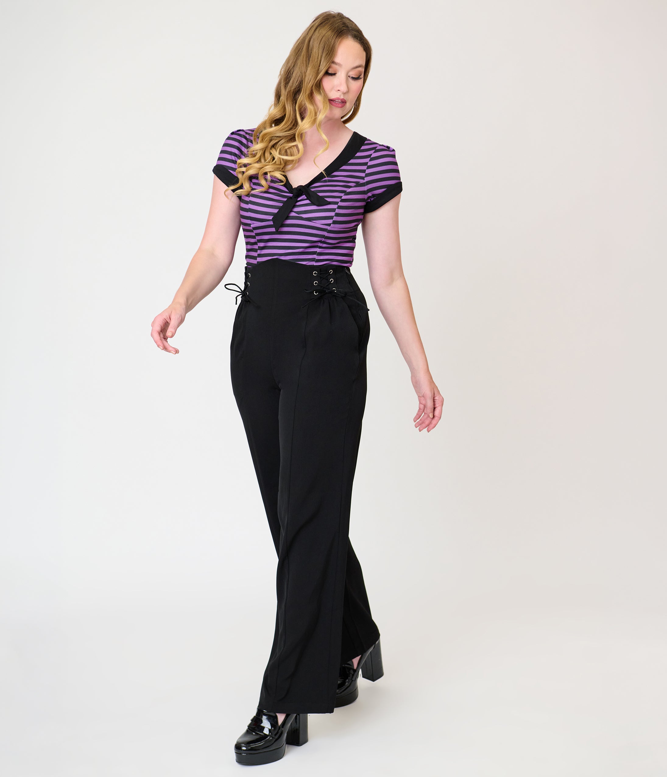Unique Vintage Black Lace Up High Waist Trousers