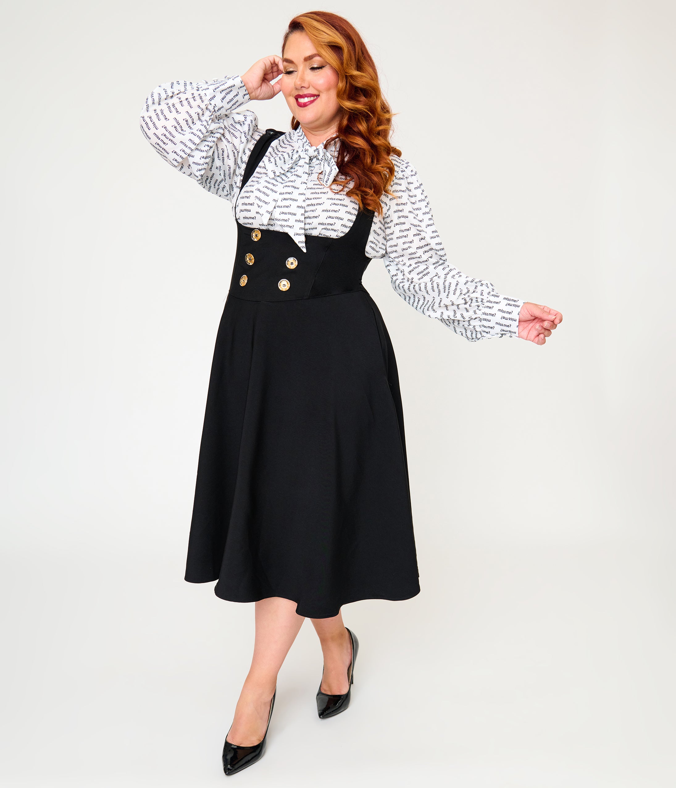 Unique Vintage Plus Size Black Corset Pinafore Skirt