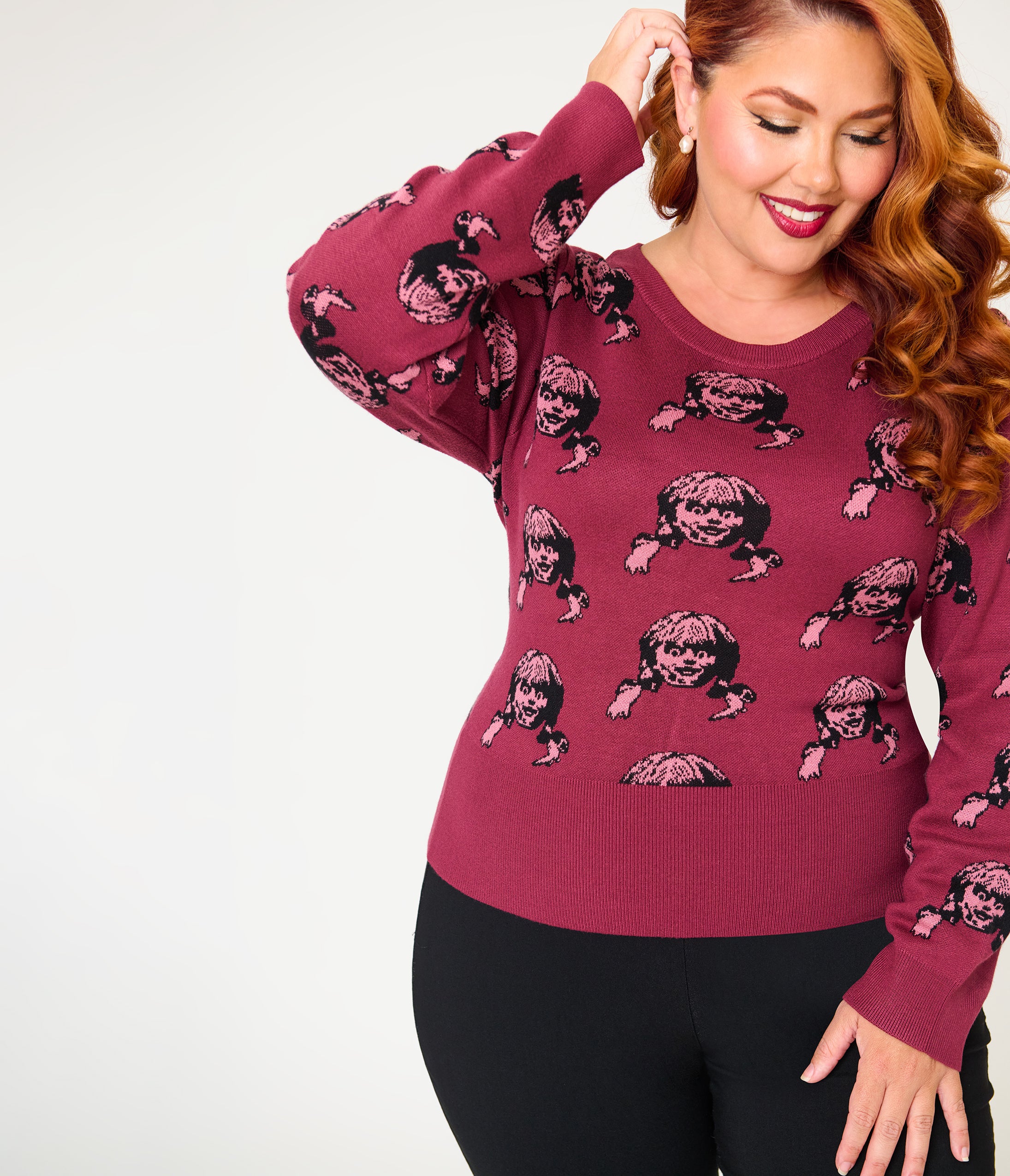 Annabelle x Unique Vintage Plus Size Burgundy Annabelle Long Sleeve Sweater
