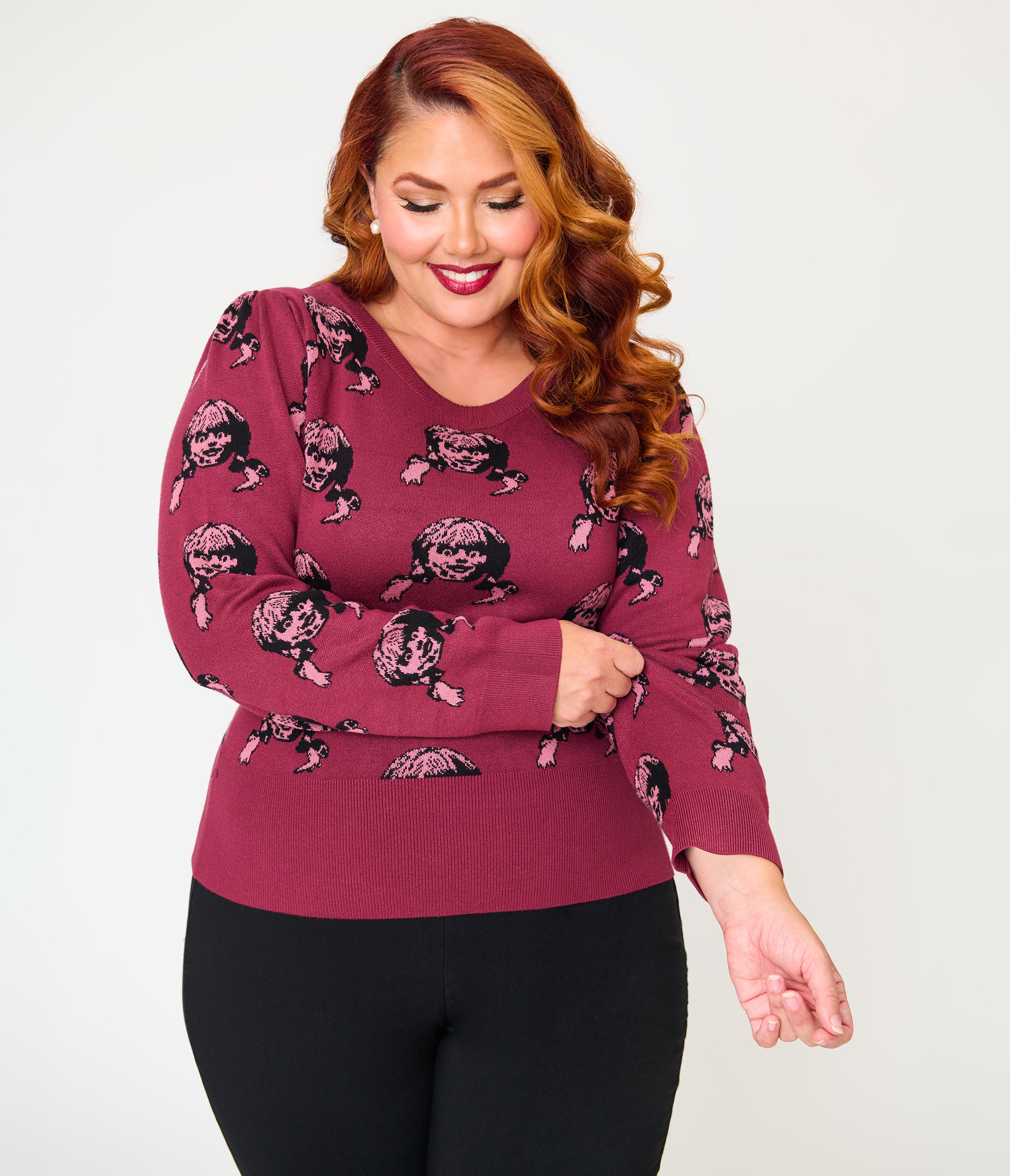 Annabelle x Unique Vintage Plus Size Burgundy Annabelle Long Sleeve Sweater