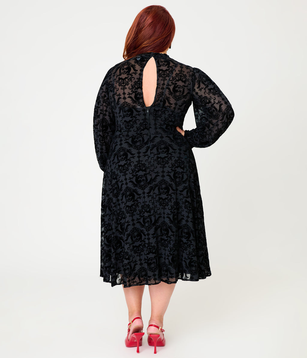 Annabelle x Unique Vintage Plus Size 1970s Black Flocked Leota Swing Dress