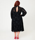 Annabelle x Unique Vintage Plus Size 1970s Black Flocked Leota Swing Dress