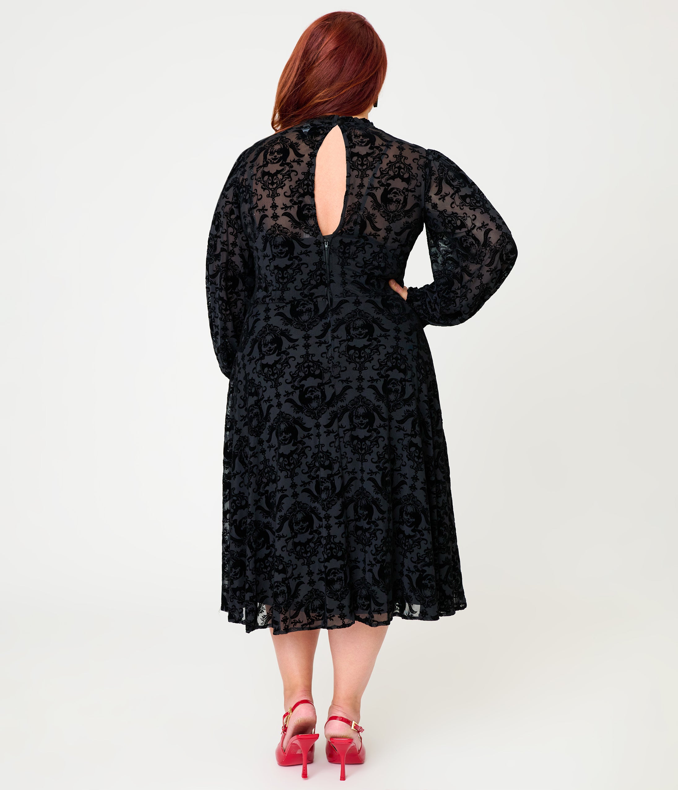 Annabelle x Unique Vintage Plus Size 1970s Black Flocked Leota Swing Dress