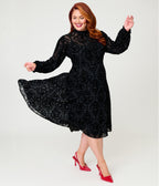 Annabelle x Unique Vintage Plus Size 1970s Black Flocked Leota Swing Dress