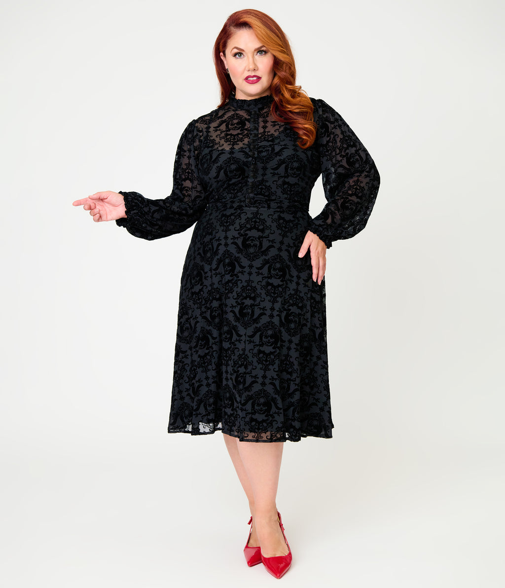 Annabelle x Unique Vintage Plus Size 1970s Black Flocked Leota Swing Dress