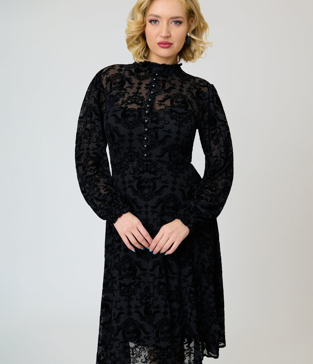 Annabelle x Unique Vintage 1970s Black Flocked Leota Swing Dress