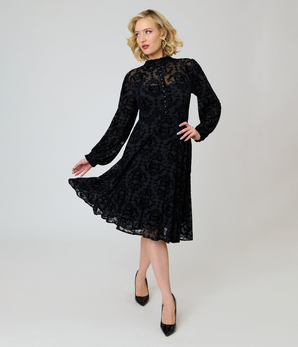 Annabelle x Unique Vintage 1970s Black Flocked Leota Swing Dress