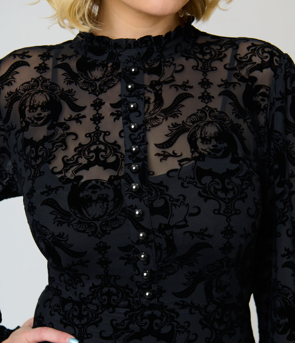 Annabelle x Unique Vintage 1970s Black Flocked Leota Swing Dress