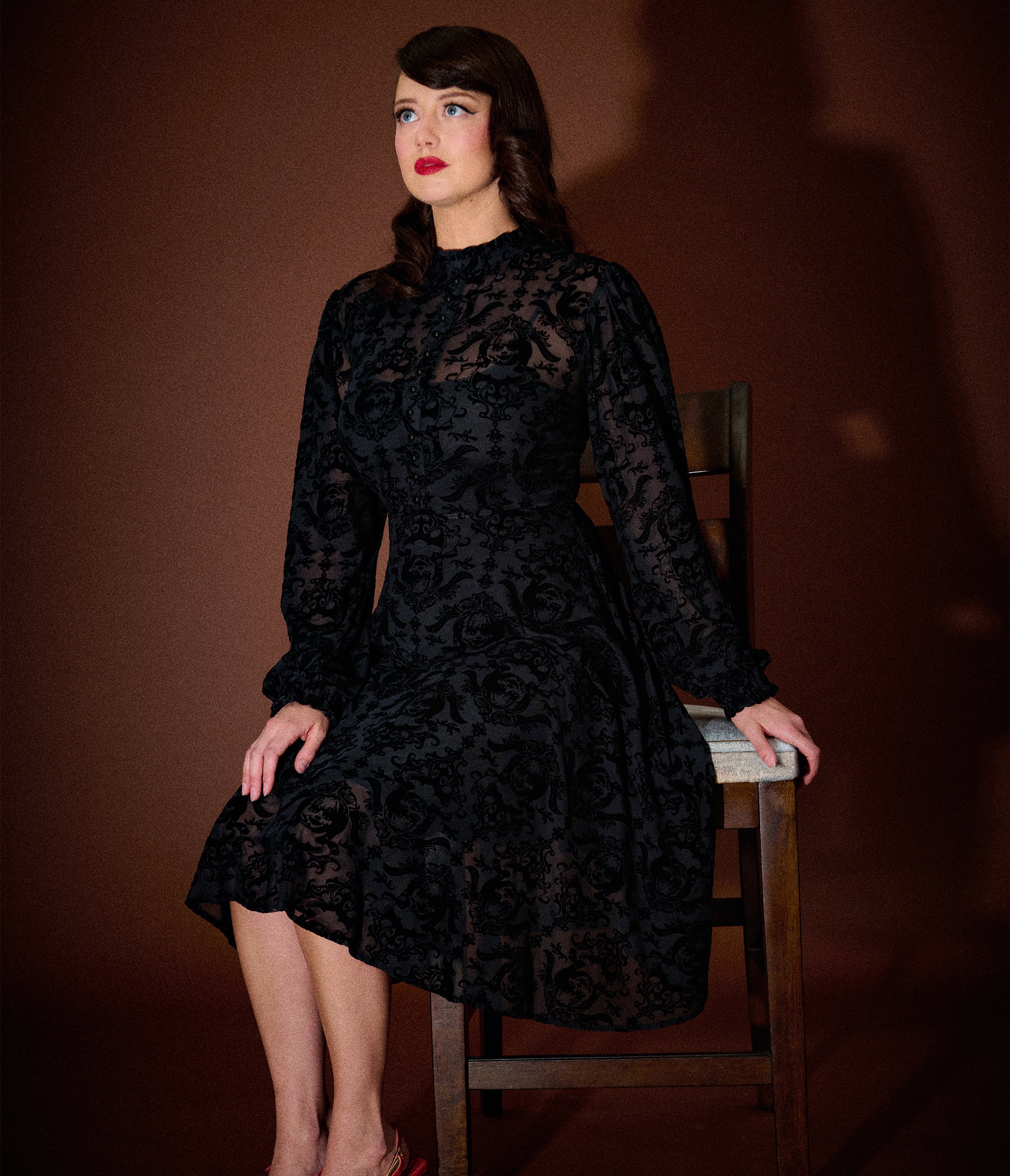 Annabelle x Unique Vintage 1970s Black Flocked Leota Swing Dress