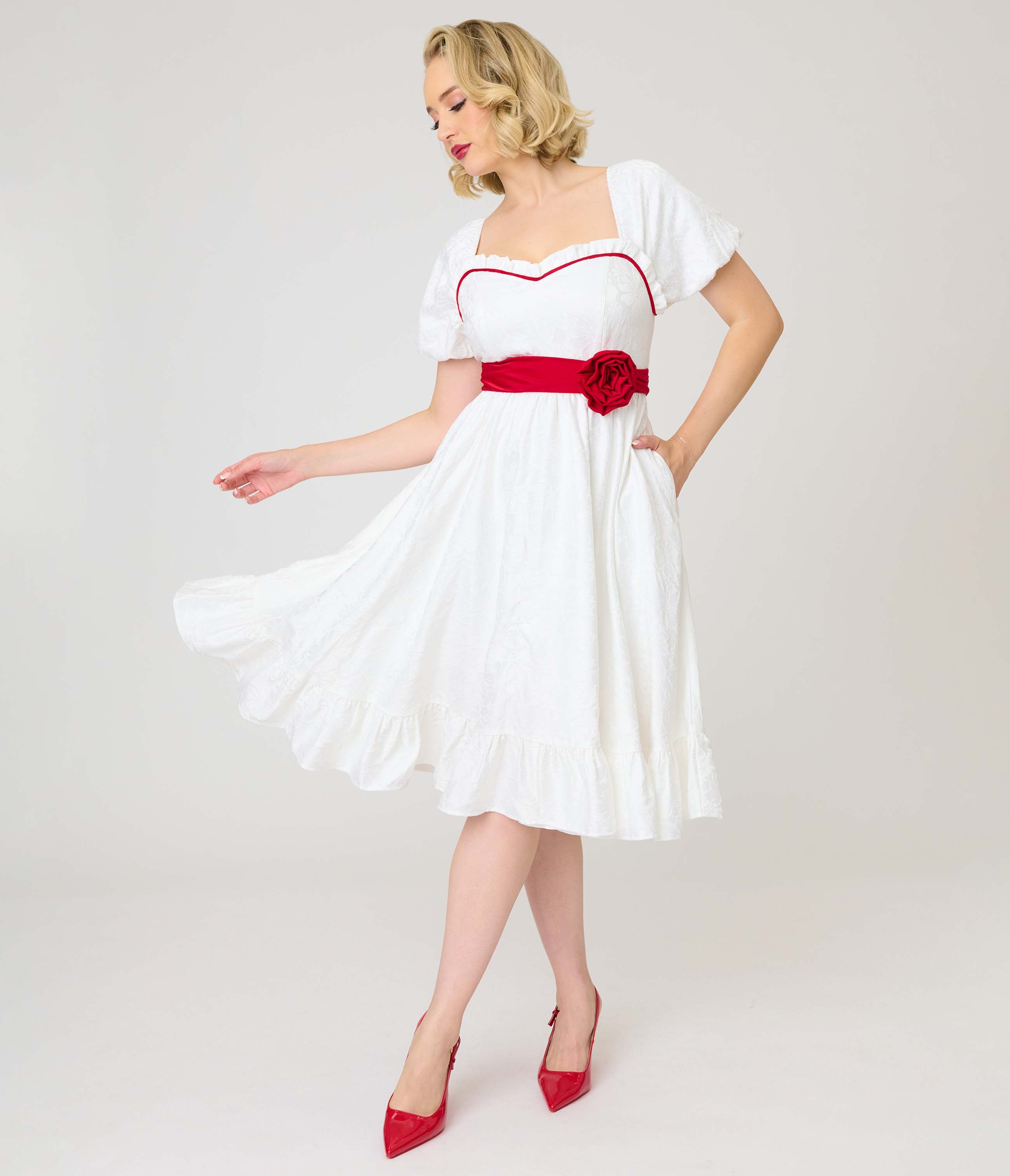 Annabelle x Unique Vintage White Annabelle Ruffle Swing Dress