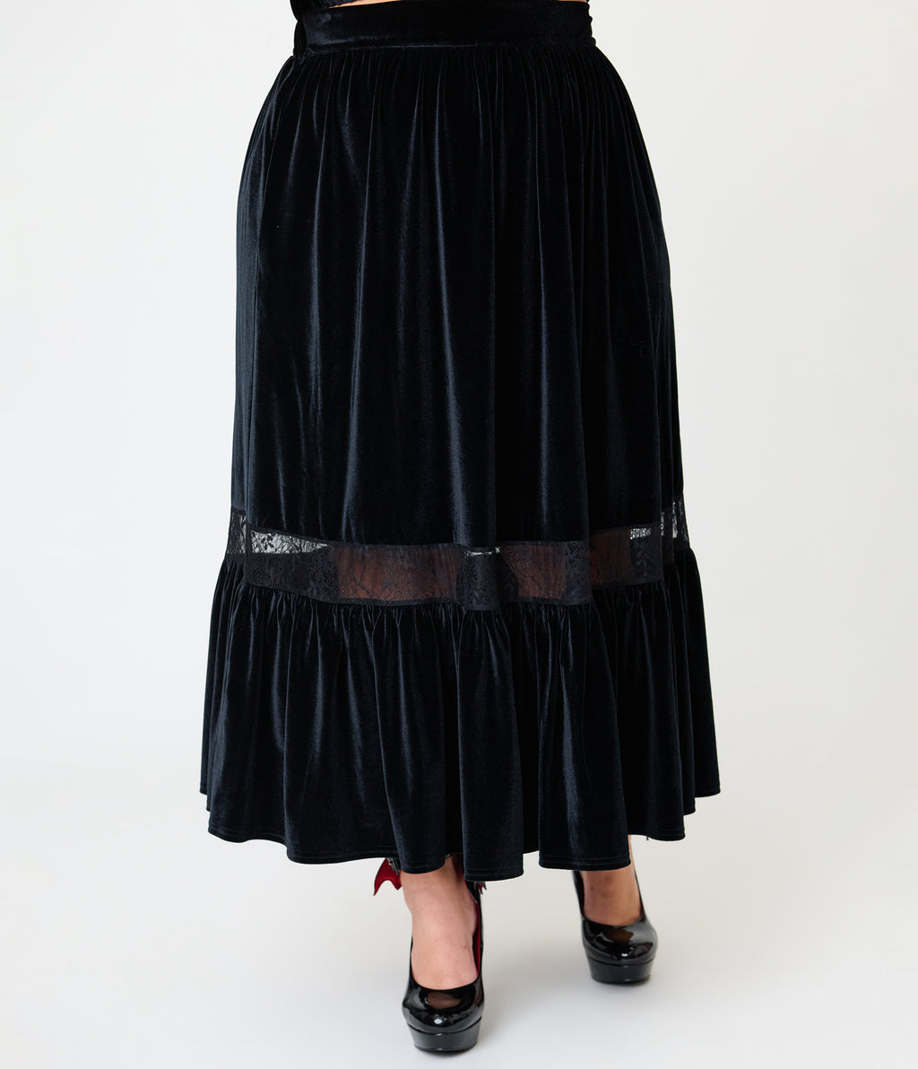 Unique Vintage Plus Size Black Velvet Tiered Midi Skirt