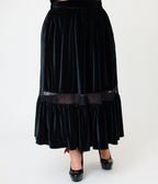 Unique Vintage Plus Size Black Velvet Tiered Midi Skirt