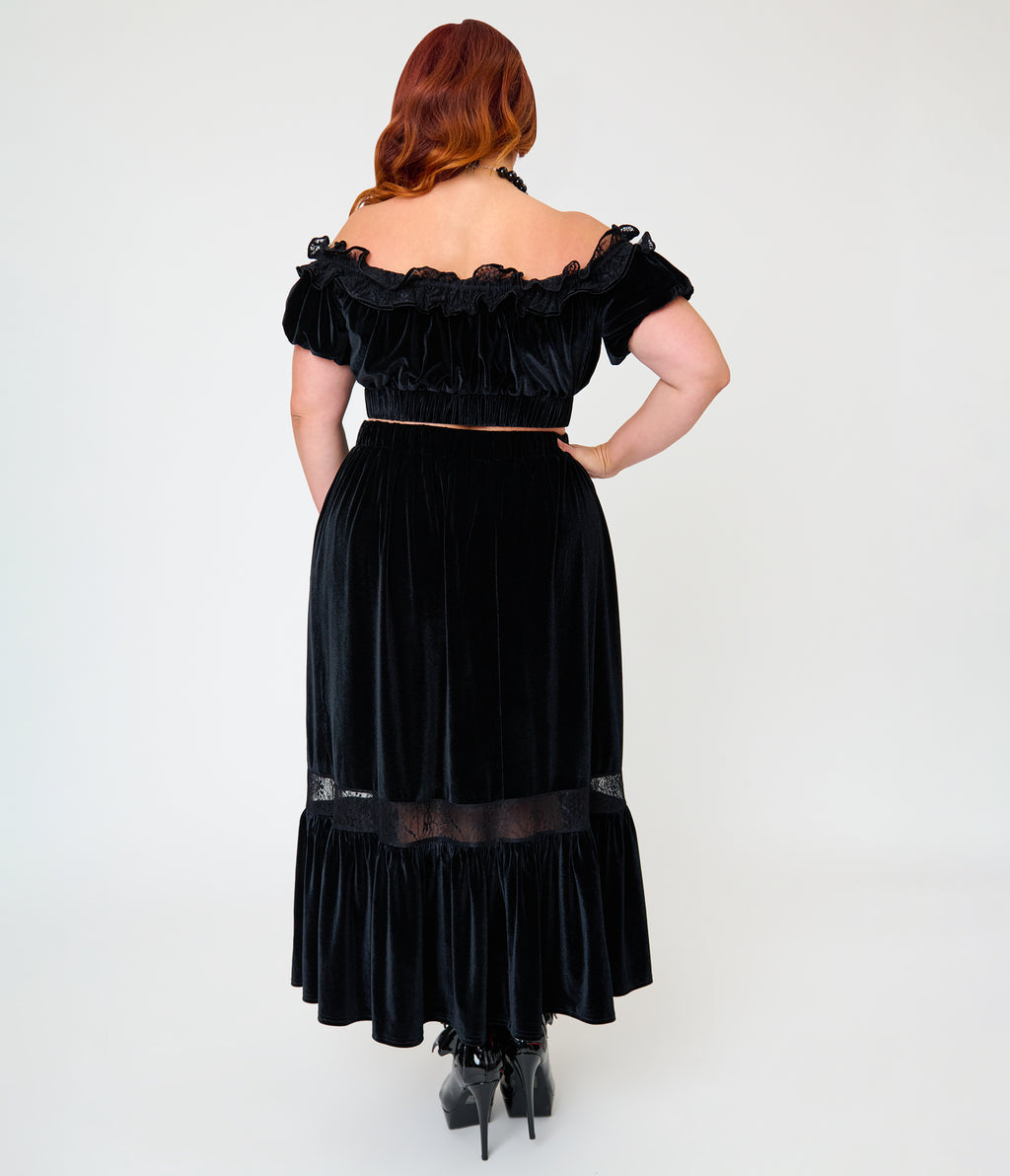 Unique Vintage Plus Size Black Velvet Tiered Midi Skirt