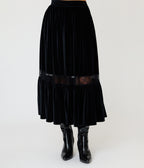 Unique Vintage Black Velvet Tiered Midi Skirt