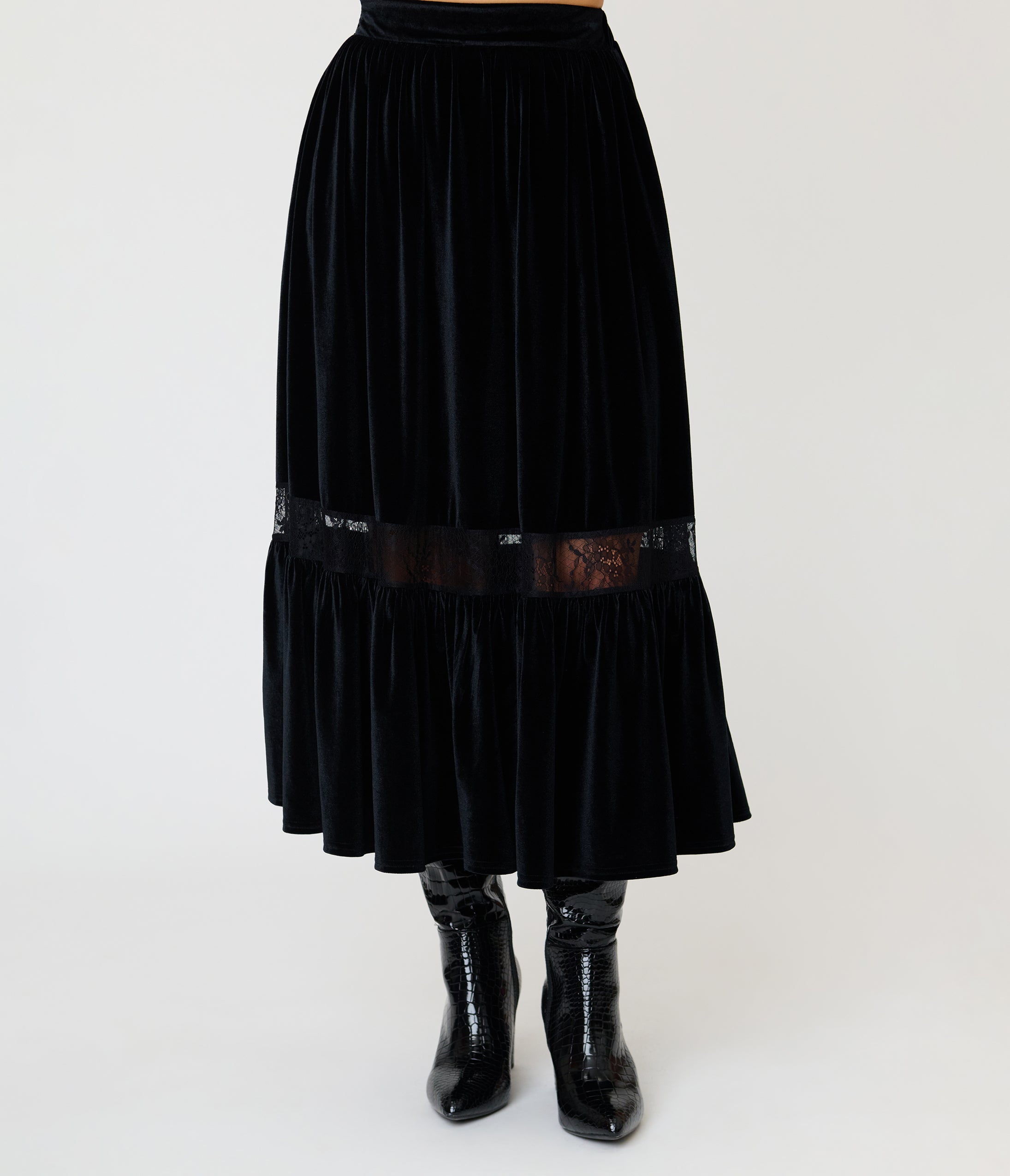 Unique Vintage Black Velvet Tiered Midi Skirt