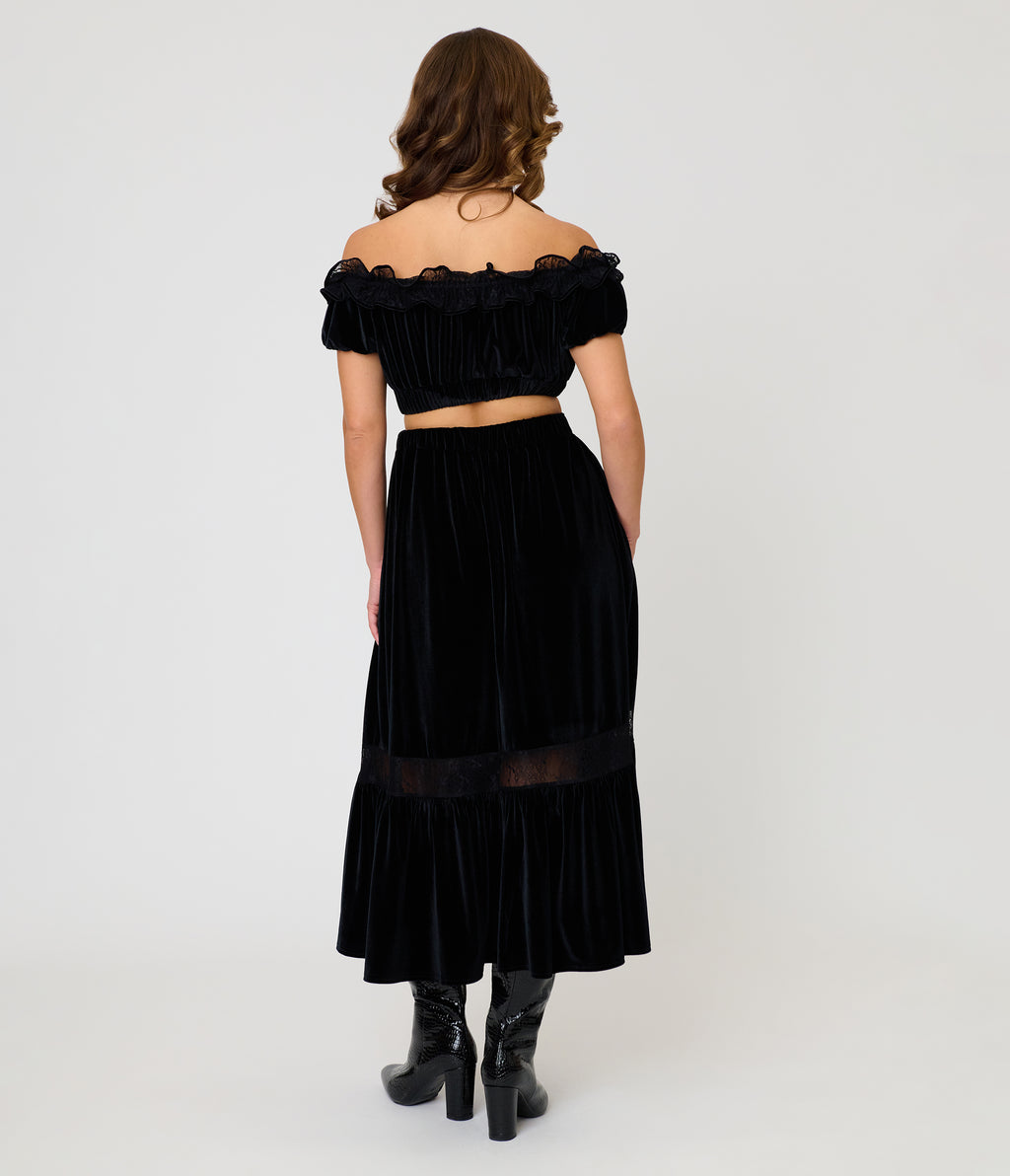 Unique Vintage Black Velvet Tiered Midi Skirt