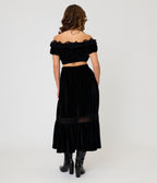 Unique Vintage Black Velvet Tiered Midi Skirt