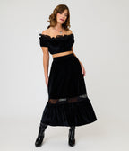 Unique Vintage Black Velvet Tiered Midi Skirt