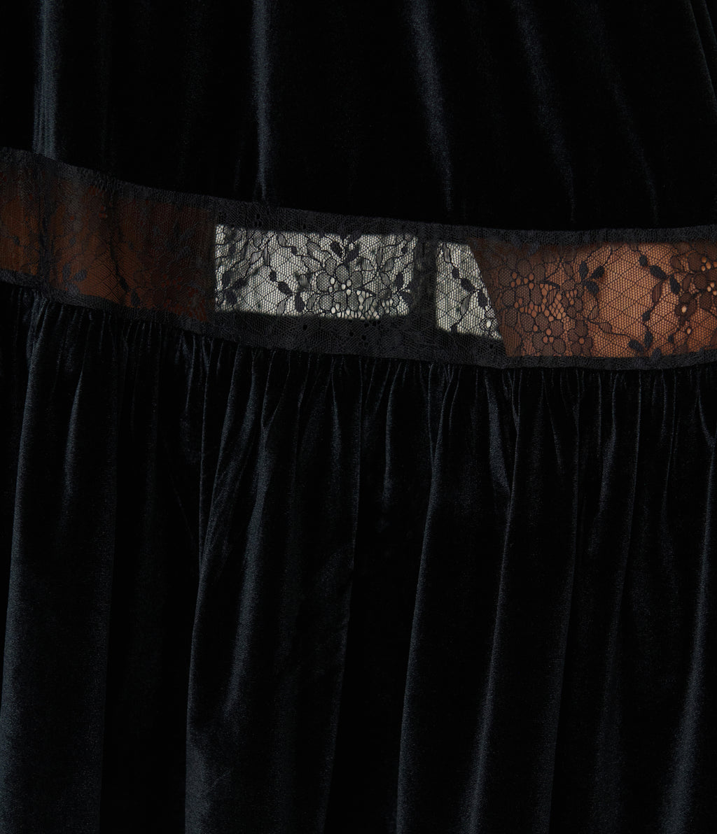 Unique Vintage Black Velvet Tiered Midi Skirt