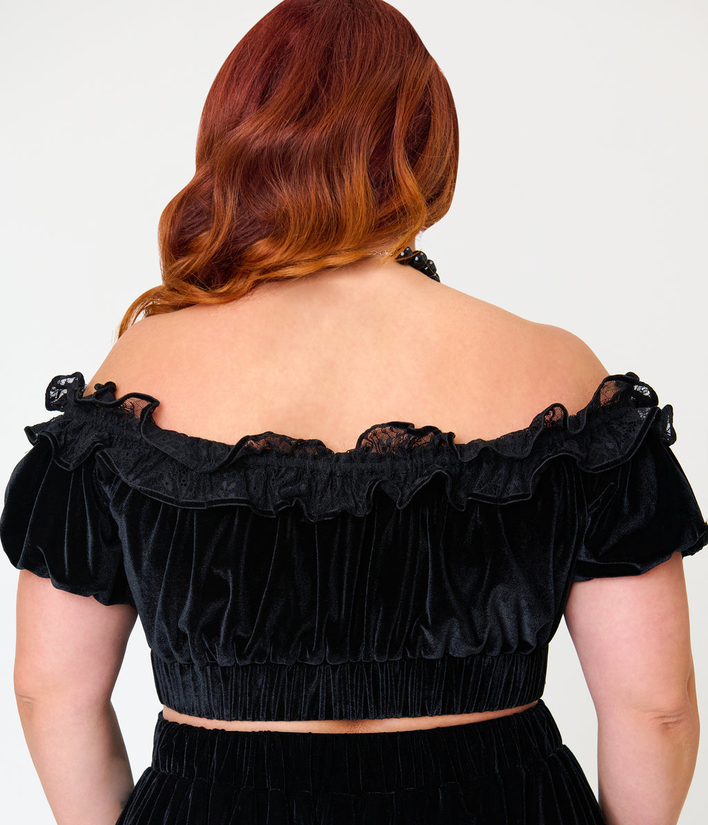 Unique Vintage Plus Size Black Velvet Ruffle Crop Top