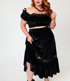 Unique Vintage Plus Size Black Velvet Ruffle Crop Top