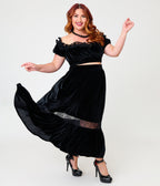 Unique Vintage Plus Size Black Velvet Ruffle Crop Top