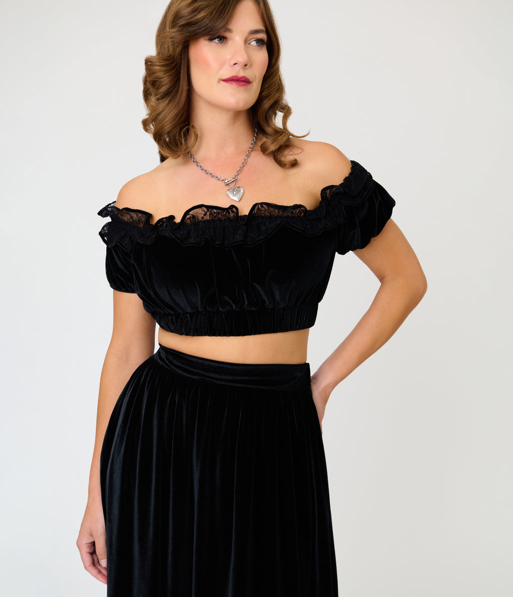 Unique Vintage Black Velvet Ruffle Crop Top