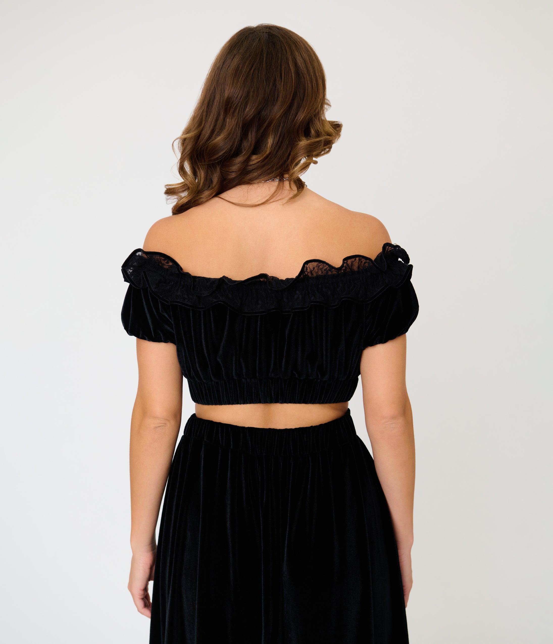 Unique Vintage Black Velvet Ruffle Crop Top