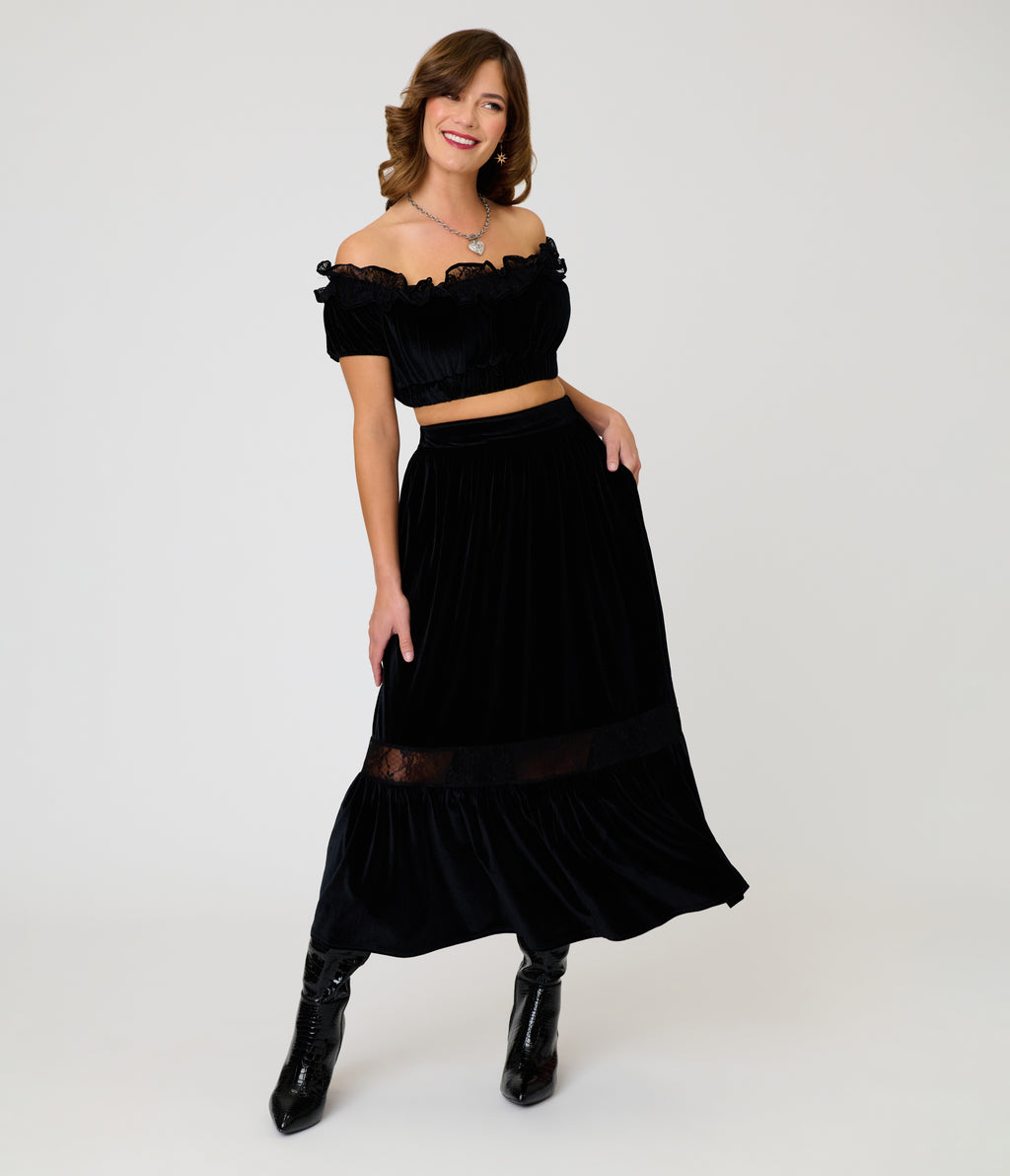 Unique Vintage Black Velvet Ruffle Crop Top