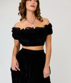 Unique Vintage Black Velvet Ruffle Crop Top